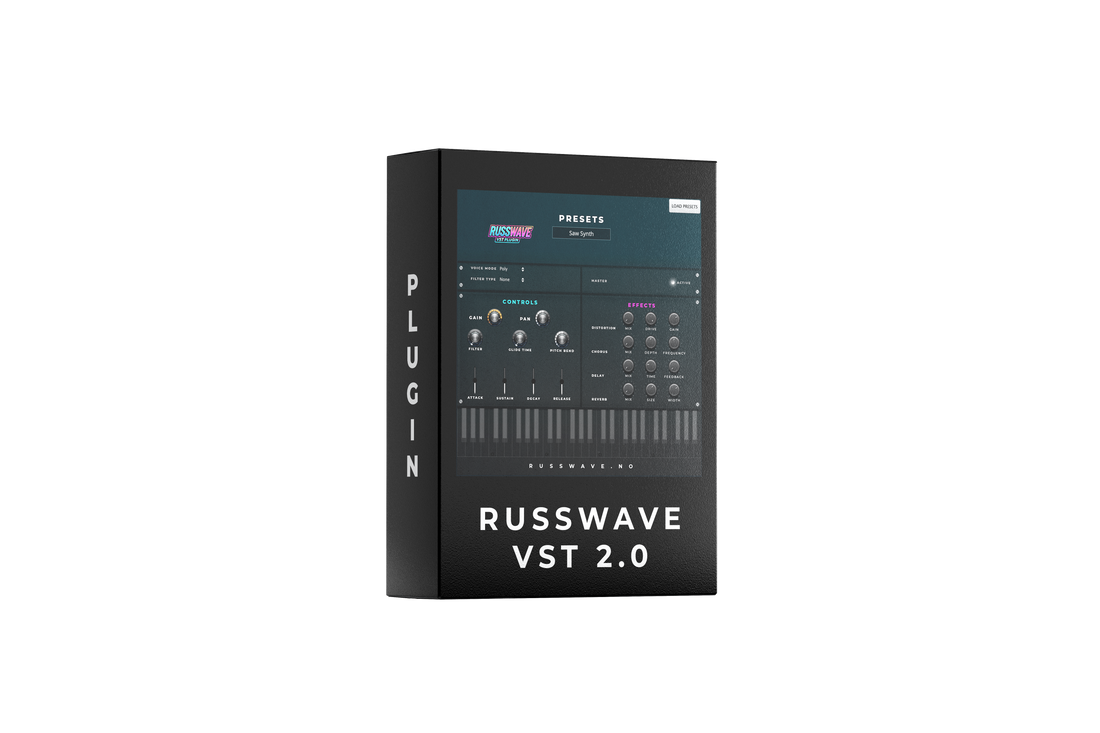 RussWave VST 2.0 plugin uten bakgrunn, digital lydplugin for musikkproduksjon, vises på skjermen med brukergrensesnitt.