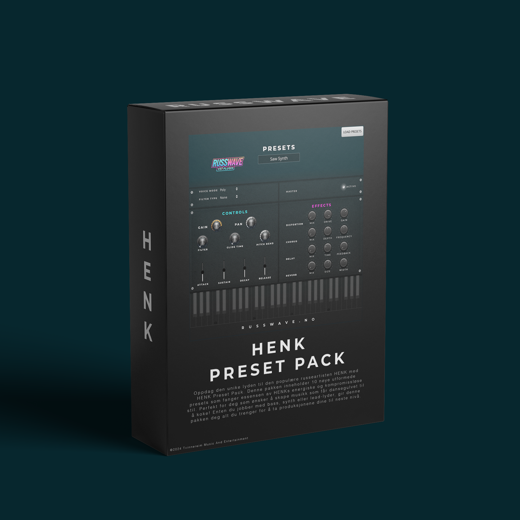 Henk preset pack fra RussWave, viser en åpen eske med ulike preset-koder og design for musikkproduksjon.