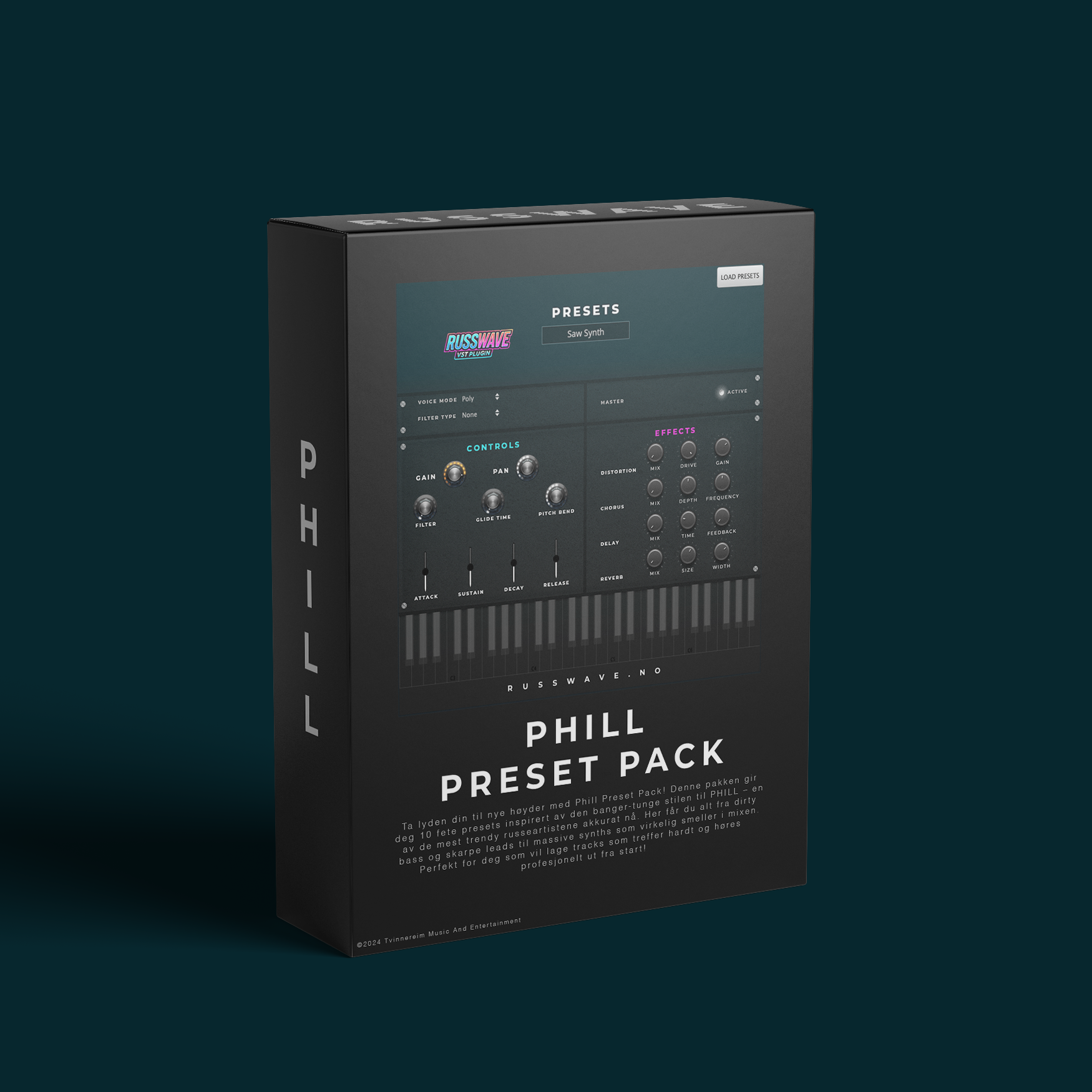 RussWave Phill preset pack med flere digitale innstillinger, vist i en eske med logo på emballasjen.