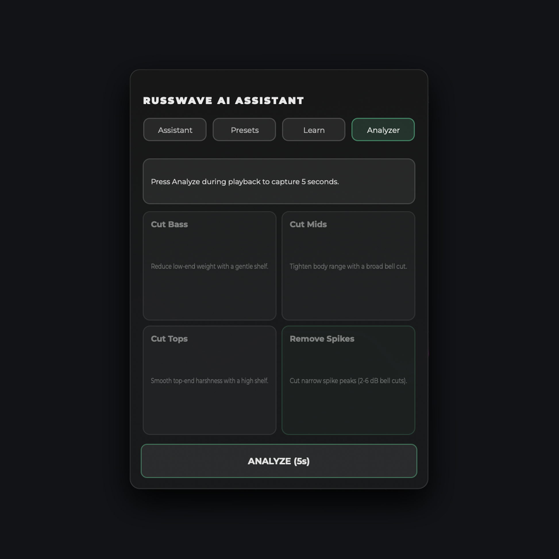 RussWave EQ AI Assistant abonnementsbilde med analyseredskap og brukergrensesnitt for lydbehandling.