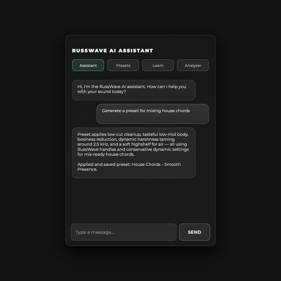 RussWave EQ AI-assistent abonnement-logo med RussWave-merke og AI-illustrasjon på hvit bakgrunn.