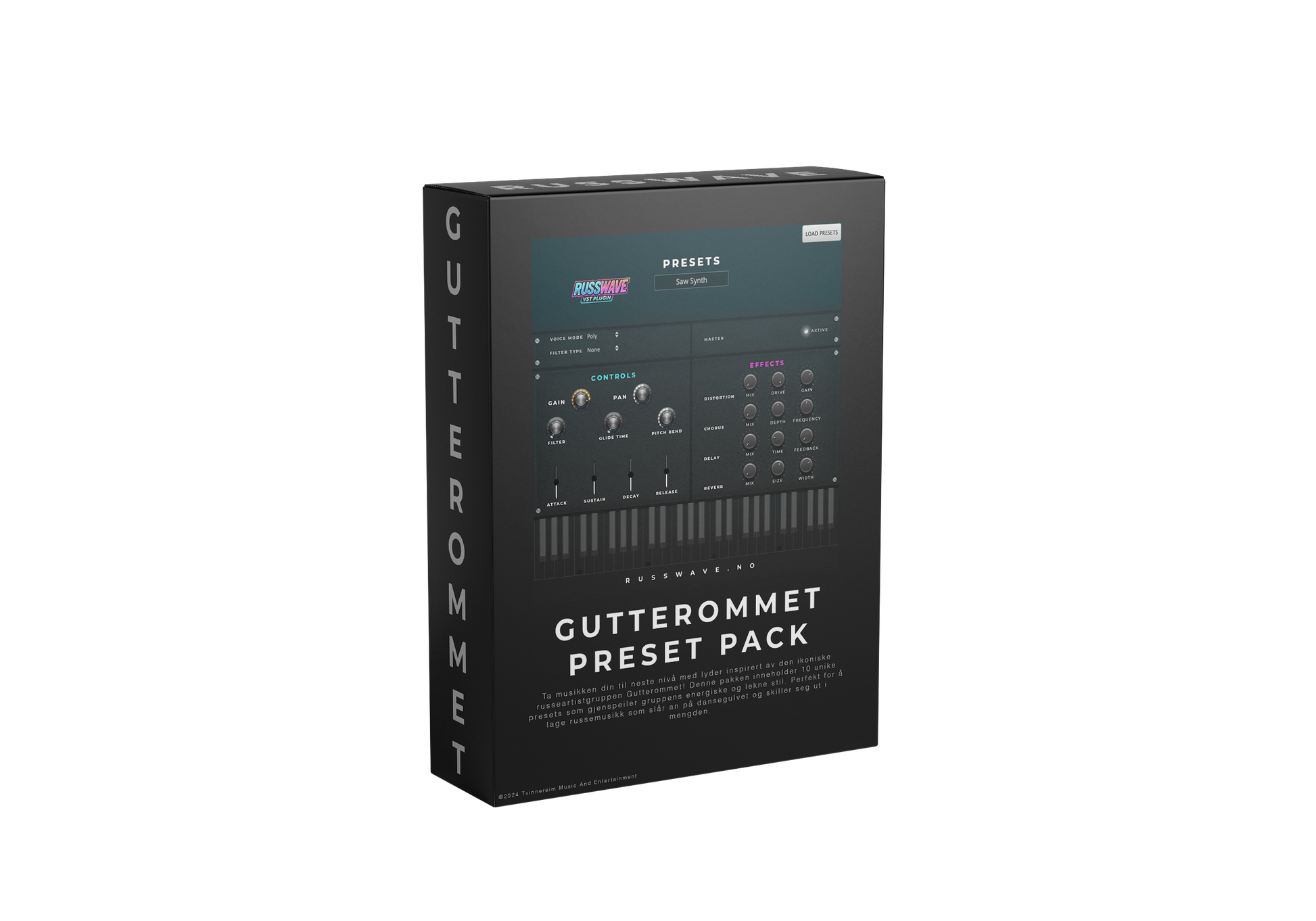 RussWave Gutterommet Preset Pack eske med ulike lydinnstillinger for musikkproduksjon, vist med pakkens omslag mot hvit bakgrunn.