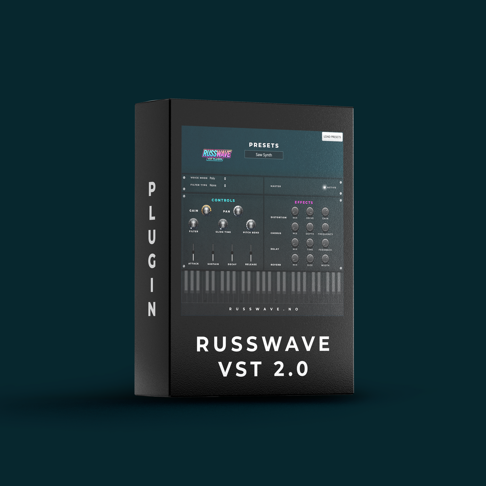 RussWave VST 2.0 plugin i esken, viser brukergrensesnitt og kontrollknapper for lydbehandling.