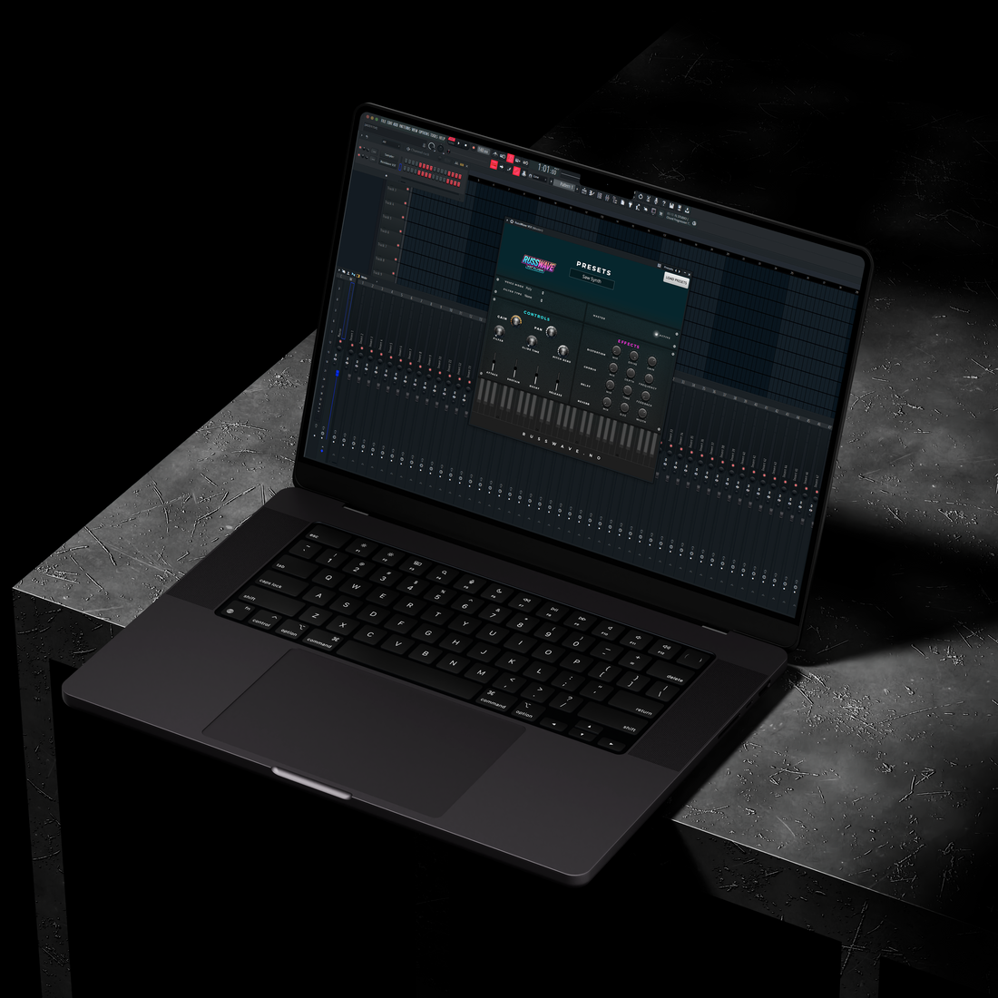 RussWave VST 2.0 plugin vist på en MacBook med åpen RussWave-grensesnitt for lydproduksjon og effekter.