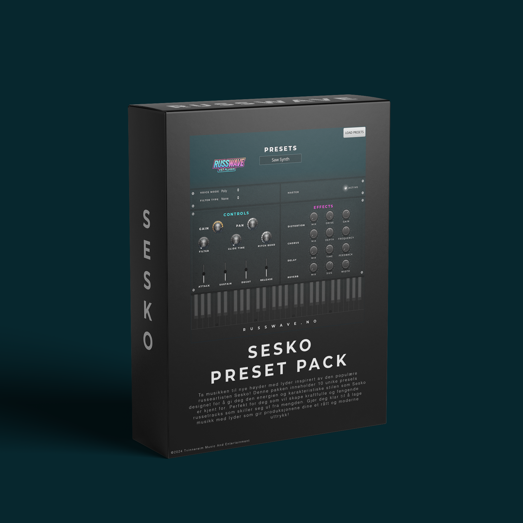 RussWave Sesko Preset Pack i en åpen pakke med flere presets for bildebehandling, vist i en elegant eske.