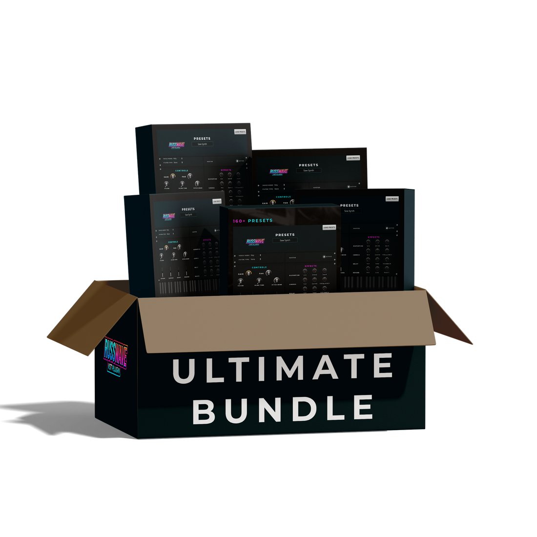 RussWave Ultimate Bundle plugin vises i gjennomsiktig cover, med grafiske elementer som illustrerer lyd- og musikkproduksjon.